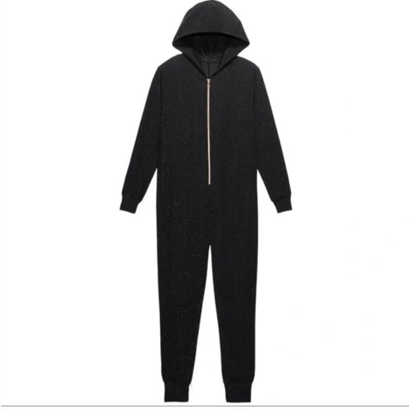 Savage X Fenty Sleep & Shine Onsie Metallic Hooded Jumpsuit Zip Up Black Small - Picture 9 of 10